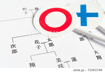 家系図と◯×　配偶者　夫婦　親子　バツ印　丸印 72063596