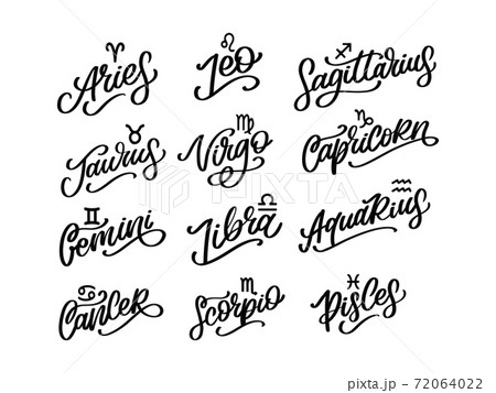 Zodiac lettering Vector Sign. Cartoon astrology text illustration. Horoscope handwritten icon set. Zodiac lettering Vector Sign. Cartoon astrology text illustration. Horoscope handwritten icon set. 72064022