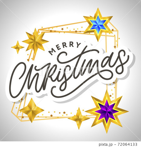 Merry Christmas card with hand drawn lettering and stars on dark background. Cute Holiday golden frame background Merry Christmas card with hand drawn lettering and stars on dark background. Cute Holiday golden frame background 72064133