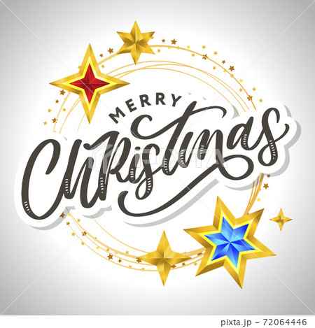 Merry Christmas card with hand drawn lettering and stars on dark background. Cute Holiday golden frame background 72064446