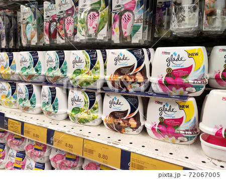 KUALA LUMPUR, MALAYSIA - OCTOBER 14, 2019: Various brand of car perfumes display for sale on the rack inside the supermarket. Sorted by the brand to make easy for the customer to choose. 72067005