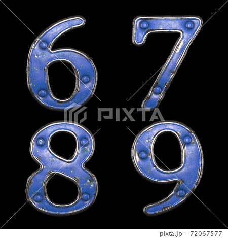 Set of numbers 6, 7, 8, 9 made of painted metal with blue rivets on black background. 3d Set of numbers 6, 7, 8, 9 made of painted metal with blue rivets on black background. 3d 72067577