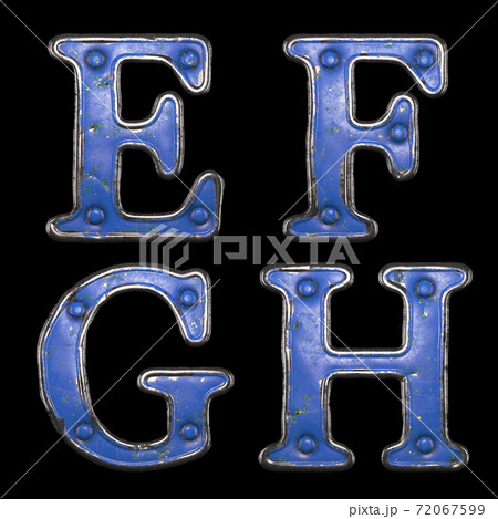 Set of uppercase letters E, F, G, H made of painted metal with blue rivets on black background. 3d 72067599