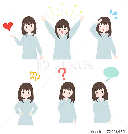 いろいろな表情でポーズをとる若い女性のセット【主線なし】 いろいろな表情でポーズをとる若い女性のセット【主線なし】 72068476