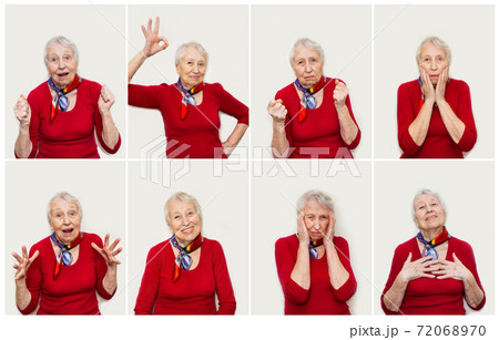 The collage from different emotions of senior woman 72068970