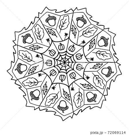 Hand drawn mandala pattern with autumn elements for coloring book, anti stress therapy pattern, black outline, vector 72069114