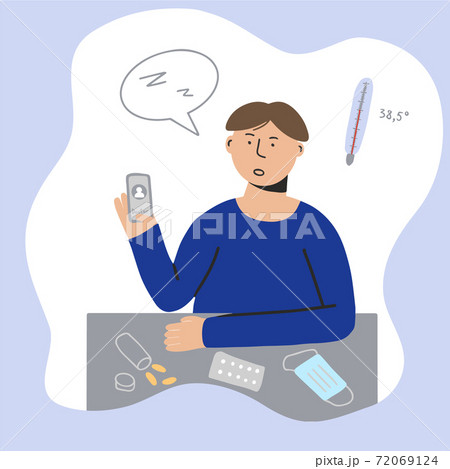 Ill man using smartphone for online telemedicine consultation, different pills on a table, vector Ill man using smartphone for online telemedicine consultation, different pills on a table, vector 72069124