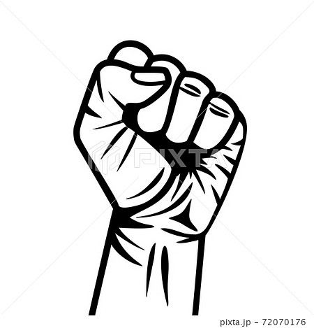 Strong fist raised up. Hand drawn graphic vector illustration of human arm with clenched fingers. Concept of protest, equality, fight for human rights, stop racism 72070176