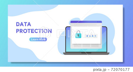 Data protection banner, open laptop with password and padlock. Concept of internet security, user privacy policy, secure login, authentication verification code. Vector illustration of data security 72070177