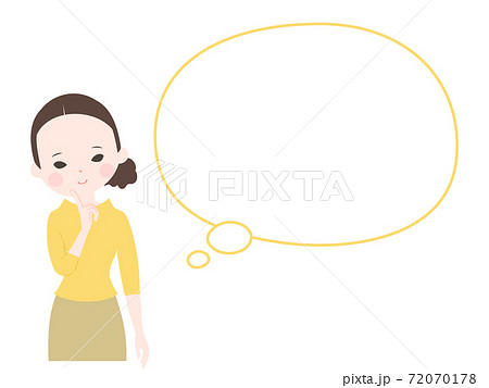 顎に人差し指を当てて微笑みながら考えている若い女性と吹き出し【主線なし】 72070178