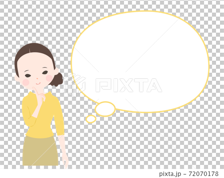 顎に人差し指を当てて微笑みながら考えている若い女性と吹き出し【主線なし】 72070178