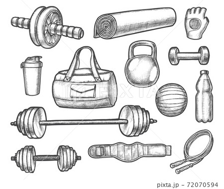 Vector sketch of gym, aerobics, powerlifting equipment 72070594