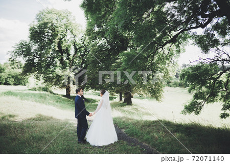 Happy wedding couple walking in a botanical park 72071140