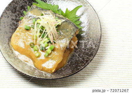 煮魚、鯖の味噌煮、薬味たっぷりの小皿盛りやや俯瞰 煮魚、鯖の味噌煮、薬味たっぷりの小皿盛りやや俯瞰 72071267