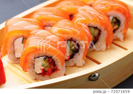 Philadelphia sushi roll on plate close up 72071659