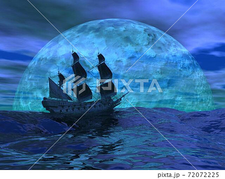 Flying dutchman boat by night - 3D render Flying dutchman boat by night - 3D render 72072225