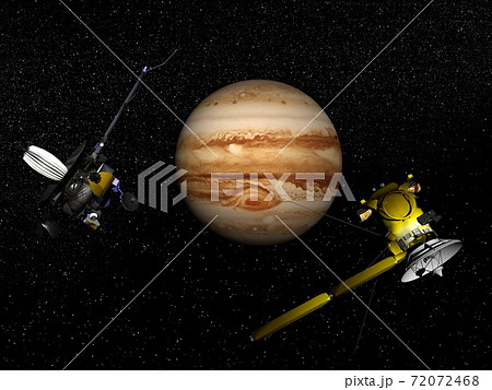 Galileo and Cassini spacecraft next to Jupiter - 3D render 72072468