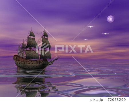 Pirate ship sailing in the moonlight - 3D render Pirate ship sailing in the moonlight - 3D render 72073299