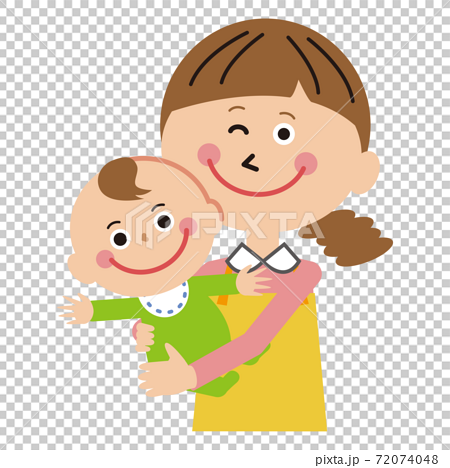 ポップな親子 赤ちゃんとママ 笑顔でハーイのイラスト素材