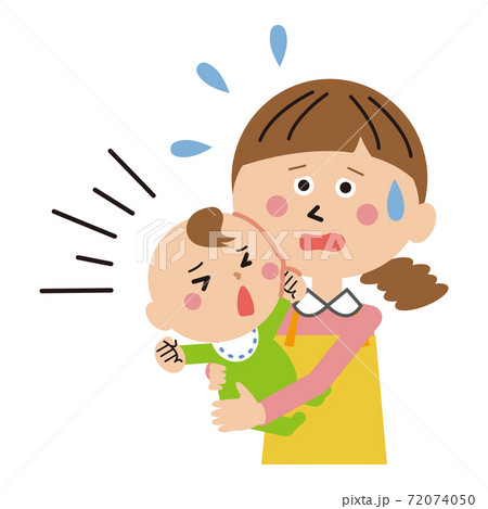 ポップな親子 赤ちゃんとママ 赤ちゃんが泣いてあわてるママのイラスト素材