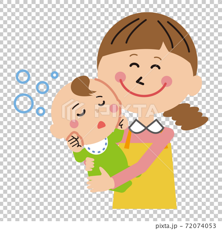 ポップな親子 赤ちゃんとママ ママに抱っこで眠る赤ちゃんのイラスト素材