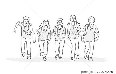 Pupils with Backpack Running to School. 72074276