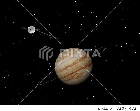 Voyager spacecraft near Jupiter and its unknown ring - 3D render 72074472