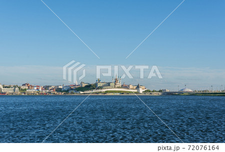 view of the Kremlin and the center of Kazan from the other bank of the Kazanka River, photo was taken on a sunny day 72076164