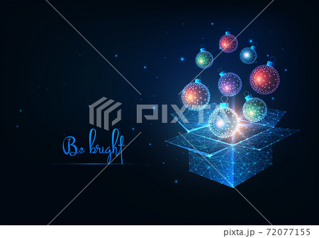 Futuristic Christmas open box with glowing low polygonal xmas baubles for the holiday 72077155