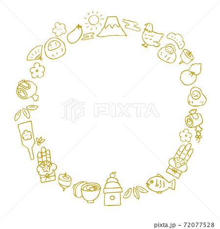 お正月アイテムの手描きイラスト アイコンのフレーム 金 のイラスト素材