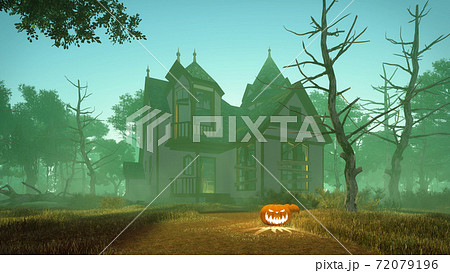 Halloween Pumpkins And Spooky House At Misty Duskのイラスト素材