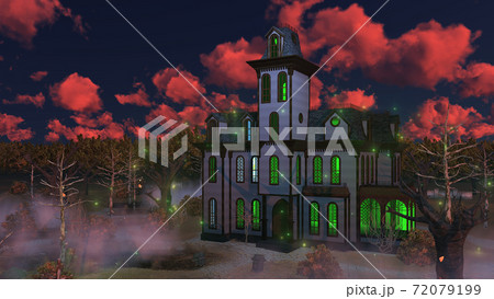 Spooky haunted mansion at eerie sunset 3D 72079199