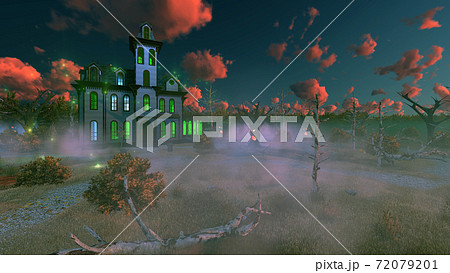 Fantastic spooky mansion at misty dusk 3D 72079201