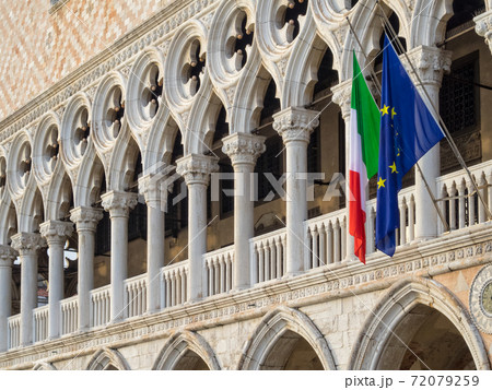 Italian and European flags at Doge Palace - Venice Italian and European flags at Doge Palace - Venice 72079259