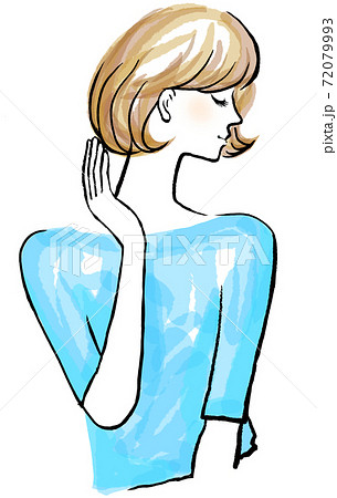 後ろ髪を気にするボブヘアの女性の横顔のイラスト素材