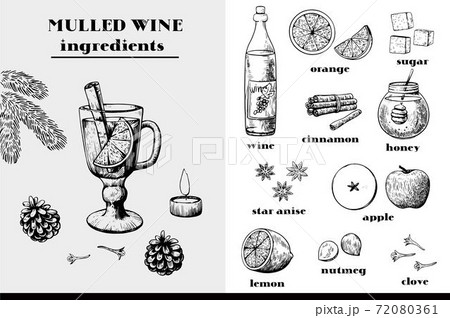 Mulled wine ingredients big set of ink black and white elements. Christmas and New year atmosphere.  72080361