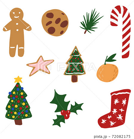 Set Christmas elements on white background. Abstract symbols christmas tree, gingerbread, sock, tangerine, cookies, start, mistletoe, candy in doodle. Set Christmas elements on white background. Abstract symbols christmas tree, gingerbread, sock, tangerine, cookies, start, mistletoe, candy in doodle. 72082175