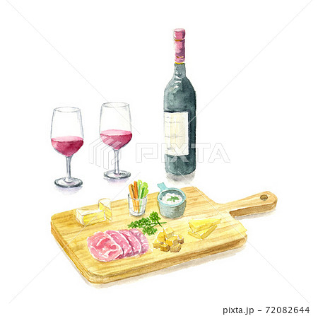 ワインとチーズボード 影あり 水彩イラストのイラスト素材 7644