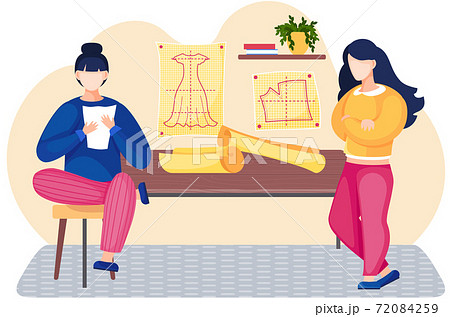 Designers communicate in studio. Colleagues planning the pattern. Girls working with clothing 72084259