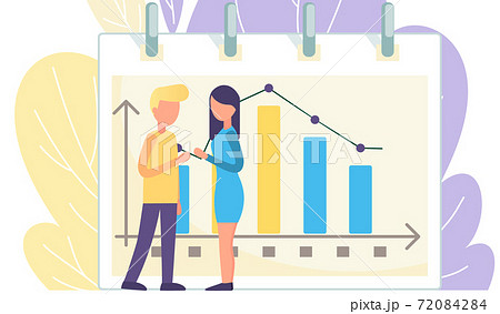 Teamwork concept, colleagues greet each other. Discussion graphical business report with data charts 72084284
