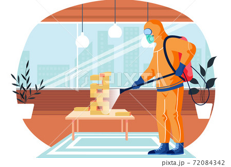 A man from epidemiological service doing disinfection in livingroom to kill viruses and bacteria A man from epidemiological service doing disinfection in livingroom to kill viruses and bacteria 72084342