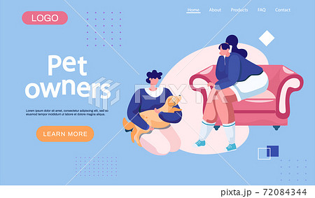 Couple pet owners holding cute puppy on hands sitting in a chair at home landing page template Couple pet owners holding cute puppy on hands sitting in a chair at home landing page template 72084344