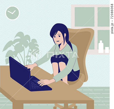 在宅勤務 在宅ワーク リビング 女性 膝抱え イラスト 在宅勤務 在宅ワーク リビング 女性 膝抱え イラスト 72086068