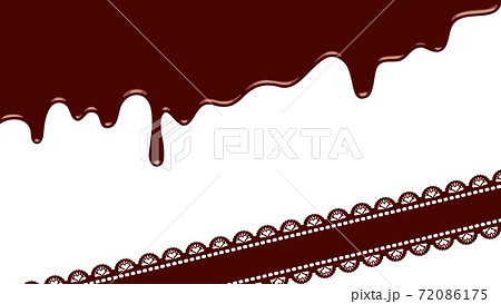 画面の端に斜めに溶けて垂れる茶色のチョコレート背景とレースのリボンのセット 72086175