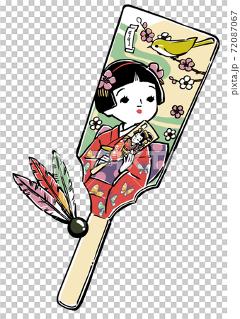 晴れ着の少女と梅の枝に留まった鶯が描かれた羽子板と羽根　筆描き・マット塗り 72087067