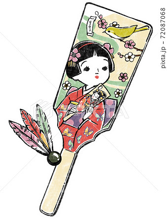 晴れ着の少女と梅の枝に留まった鶯が描かれた羽子板と羽根　版画風 72087068