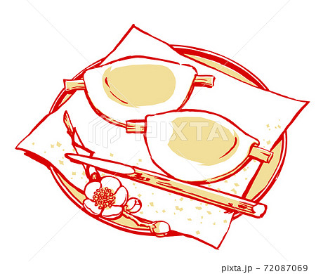 白梅の枝と黒文字を添えた花びら餅 筆描き 2色塗りのイラスト素材