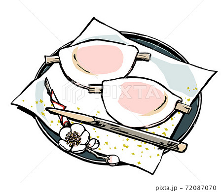 白梅の枝と黒文字を添えた花びら餅 筆描き マット塗りのイラスト素材