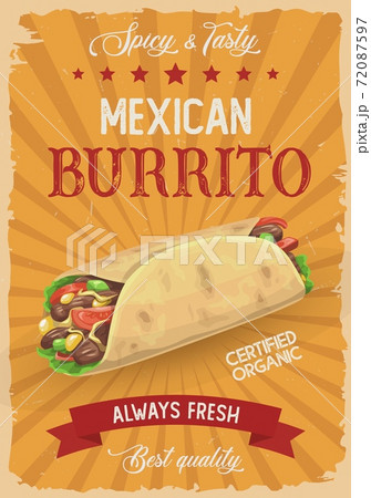 Mexican burrito vector retro poster, hot roll Mexican burrito vector retro poster, hot roll 72087597