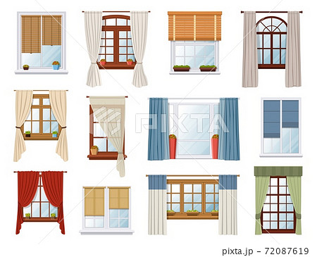 Windows with curtains and jalousie vector interior 72087619